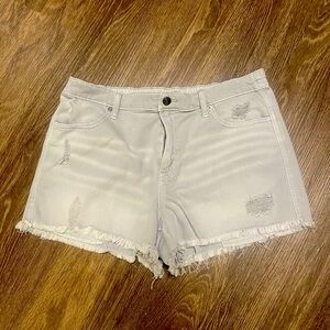 Aerie size large grey denim shorts. Distressed, stretch with fringed hem.